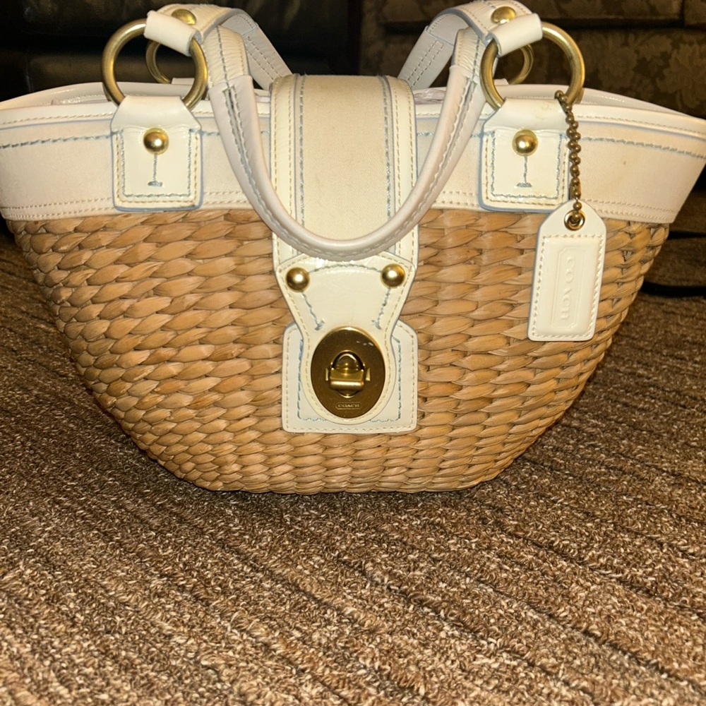 Vintage Coach Tan and White Woven Tote Bag